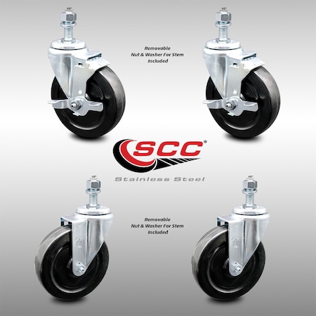 Service Caster 5 Inch SS Hard Rubber Wheel Swivel 1/2 Inch Threaded Stem Caster Brakes SCC, 2PK SCC-SSTS20S514-HRS-121315-2-TLB-2